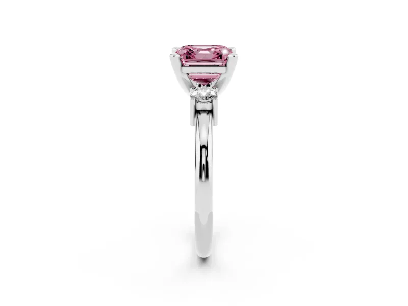 Fancy Pink Three-Stone Asscher Cut Diamond Ring Set in White gold with Prong Setting and Plain Band