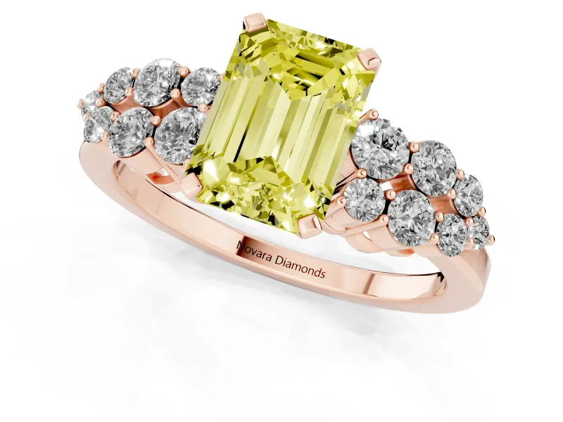 Emerald Cut Side Stone Engagement Ring Setting for a Fancy Yellow Lab-Grown Diamond | Shoulder Clusters | Rose Gold
