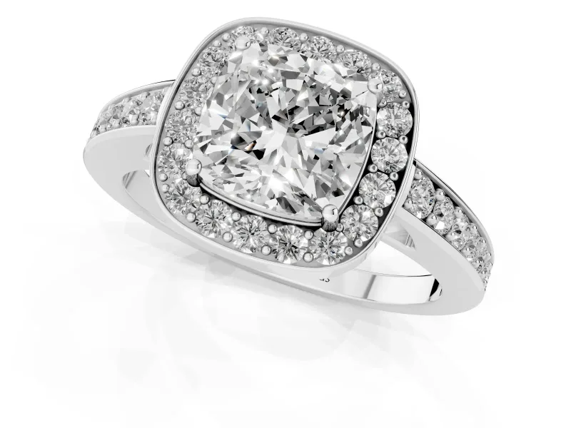 Cushion Cut Framed Halo Engagement Ring Setting | Graduated Pavé Band | Platinum