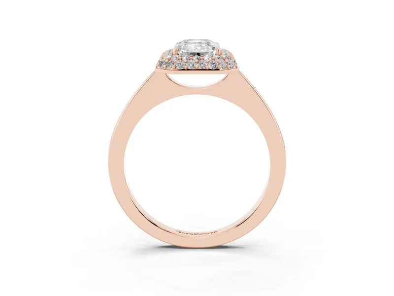 Emerald Cut Diamond Halo Engagement Ring Set in Rose gold with Solitaire Band and Prong Setting