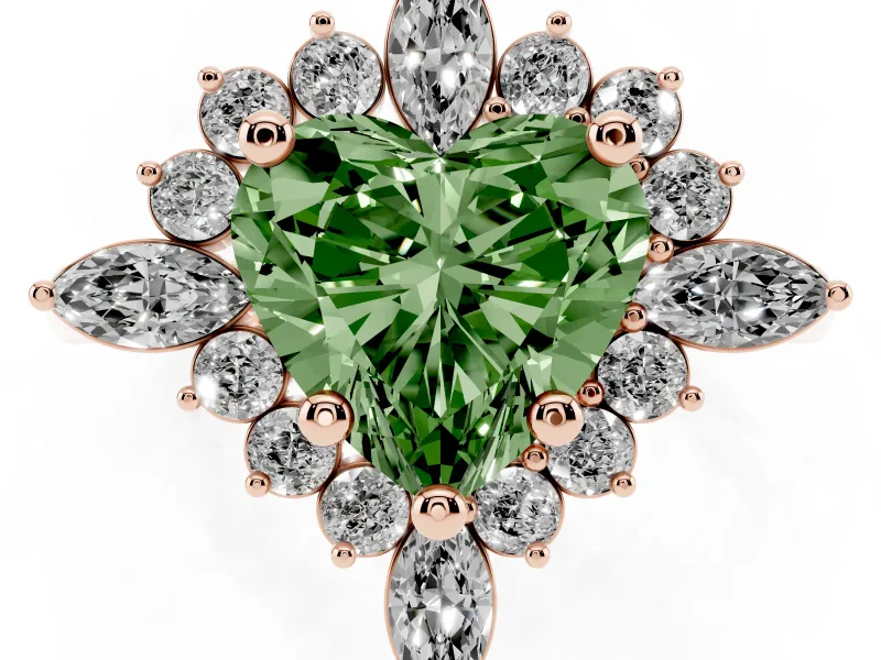 Fancy Green Heart Cut Diamond Cluster Halo Ring Set in Rose gold with Marquise and Round Accents
