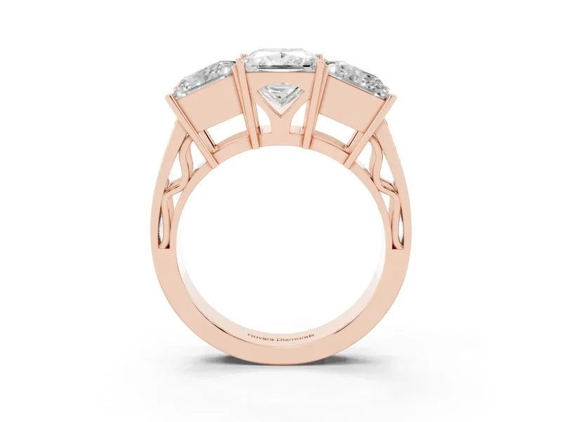 Princess Cut Three Stone Engagement Ring Setting | Beaded Shoulders | Rose Gold