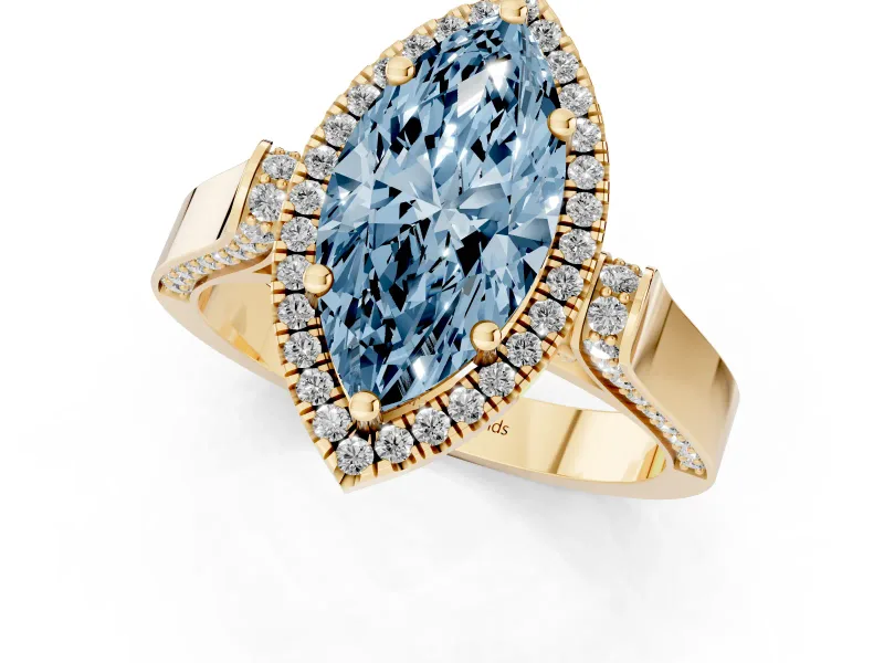 Marquise Halo Engagement Ring Setting for a Fancy Blue Lab-Grown Diamond | Pavé Panel Shoulders | Yellow Gold
