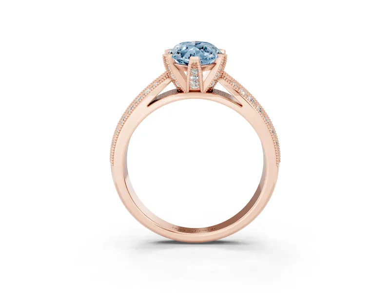 Fancy Blue Marquise Cut Diamond Solitaire Ring Set in Rose gold with Milgrain Double Row Round Pavé Band