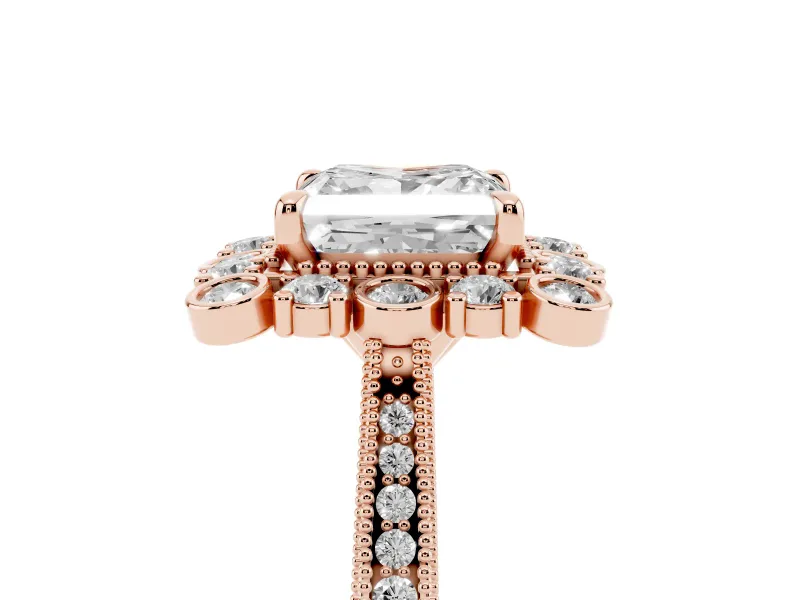 Princess Cut Diamond Halo Milgrain Pavé Ring Set in Rose gold with Prong Setting