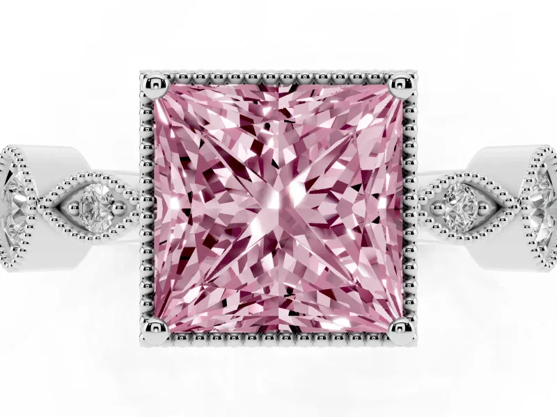 Fancy Pink Princess Cut Diamond Vintage-Inspired Milgrain Ring Set in White gold with Marquise Stations of Round Accents
