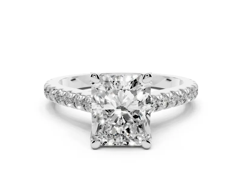 Radiant Cut Diamond Solitaire Ring Set in Silver with Brilliant Pavé Band and Prong Setting