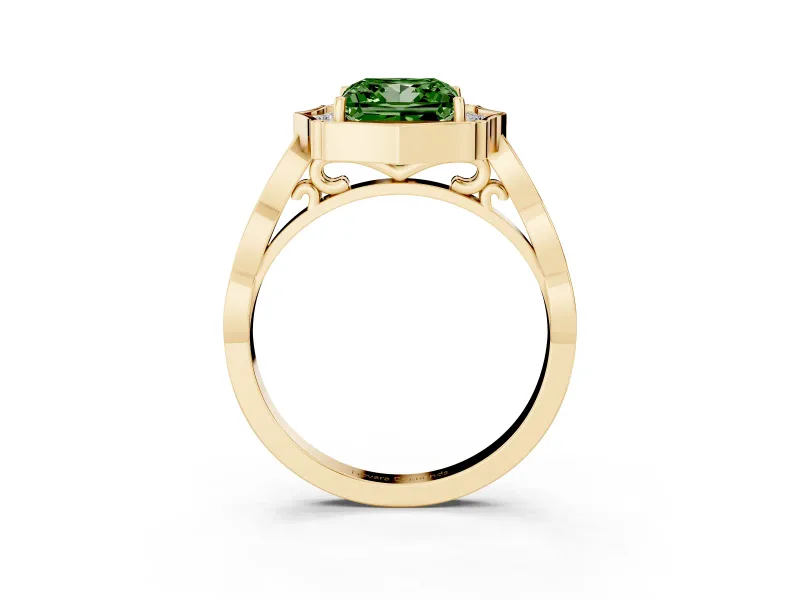 Princess Cut Scalloped Halo Engagement Ring Setting for a Fancy Green Lab-Grown Diamond | Pave Band | Yellow Gold