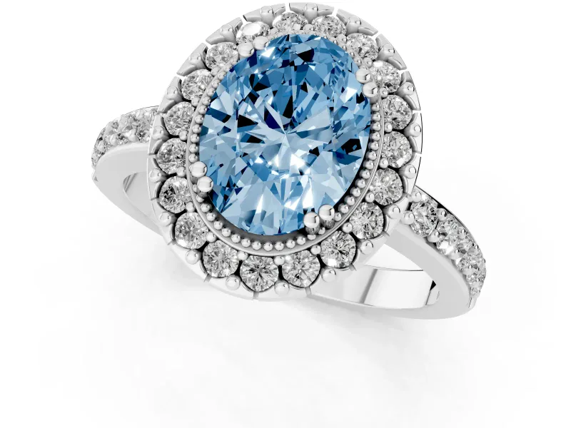 Oval Vintage Milgrain Halo Engagement Ring Setting for a Fancy Blue Lab-Grown Diamond | Pierced Gallery | Platinum