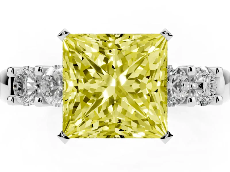 Fancy Yellow Princess Cut Diamond Five-Stone Prong Set Engagement Ring Set in Platinum with Channel Band