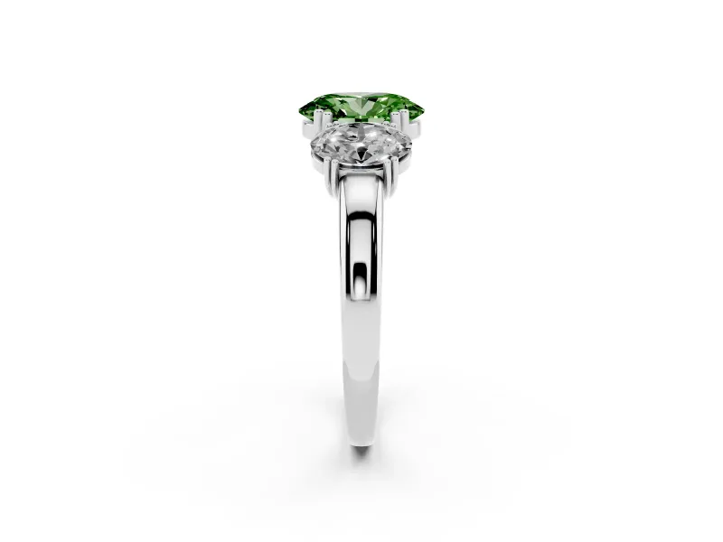Fancy Green Oval Cut Diamond Three-Stone Ring Set in Platinum with Polished Band and Prong Setting