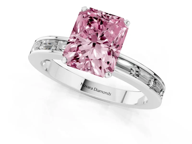 Fancy Pink Radiant Cut Diamond Solitaire Ring Set in Platinum with Channel-Set Baguette Band and Prong Setting