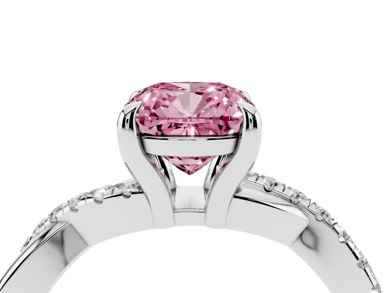 Fancy Pink Cushion Cut Diamond Twist Band Solitaire Set in Platinum with Pavé Accents and Prong Setting
