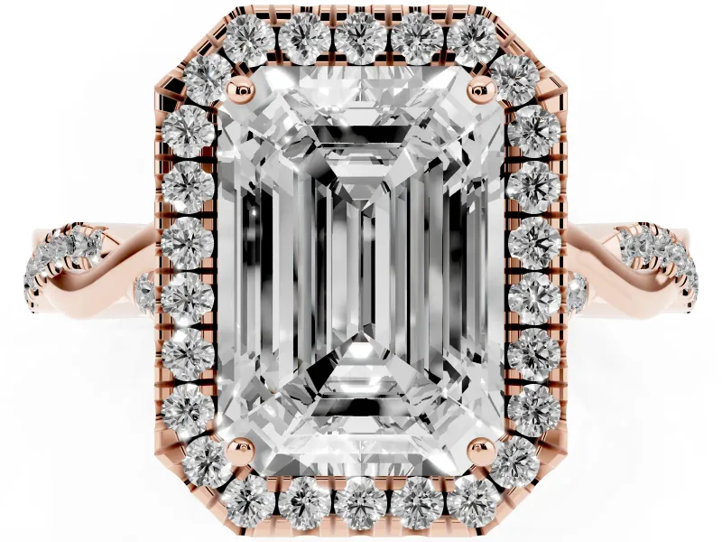 Emerald Cut Halo Engagement Ring Setting | Pavé Twist Band | Rose Gold