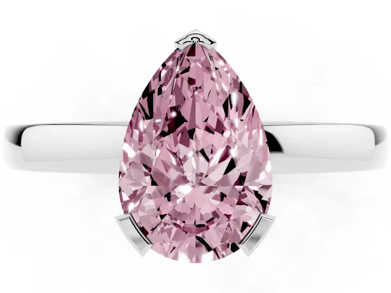 Fancy Pink Pear Cut Diamond Solitaire Ring Set in Platinum with Prong Head and Smooth Polished Band