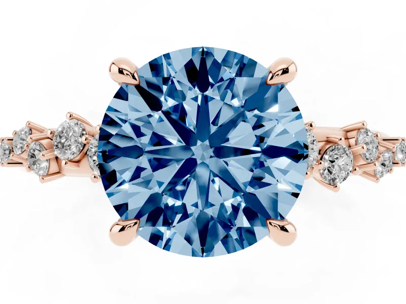 Fancy Blue Round Cut Diamond Solitaire Vine Band Ring Set in Rose gold with Round Accents and Prong Setting