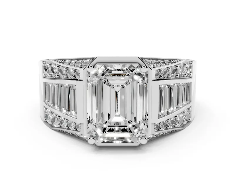 Emerald Cut Diamond Mens Ring Set in White gold with Baguette and Round Side Stones