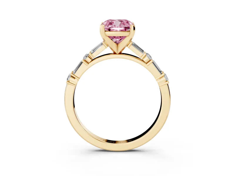 Cushion Cut Baguette Side Stone Engagement Ring Setting for a Fancy Pink Lab-Grown Diamond | Yellow Gold