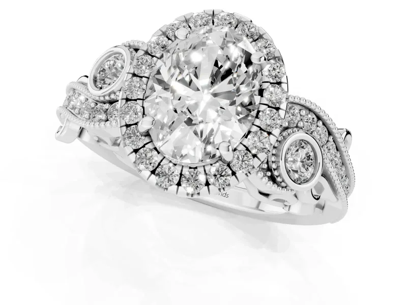 Oval Cut Diamond Halo Ring Set in Silver with Milgrain Pavé Band and Prong Setting