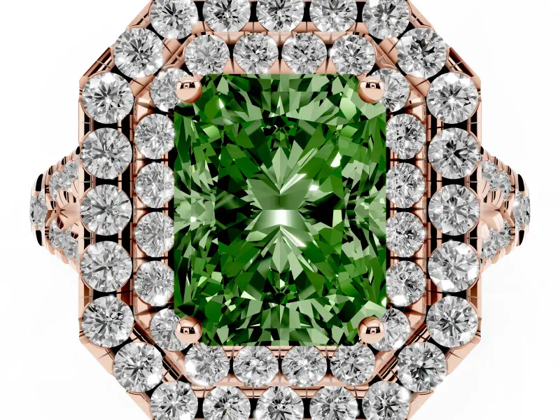 Radiant Cut Halo Split Shank Engagement Ring Setting for a Fancy Green Lab-Grown Diamond | Pavé Strands | Rose Gold