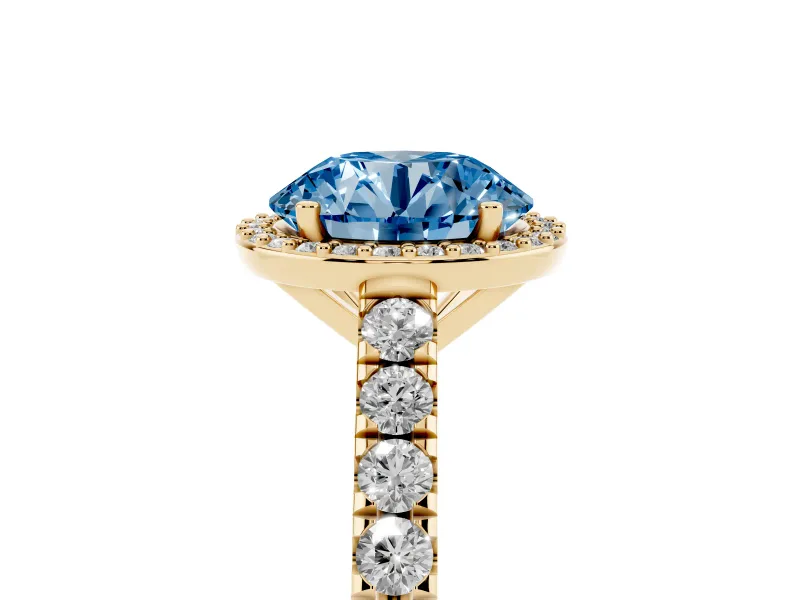 Round Halo Pavé Engagement Ring Setting for a Fancy Blue Lab-Grown Diamond | Yellow Gold