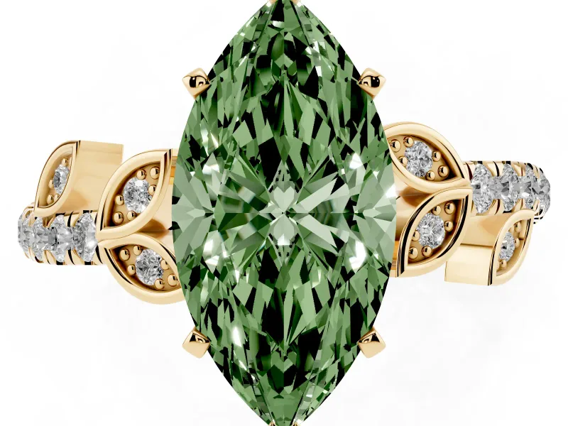 Fancy Green Marquise Cut Diamond Solitaire Leaf-Inspired Ring Set in Yellow gold with Pavé Band and Prong Setting