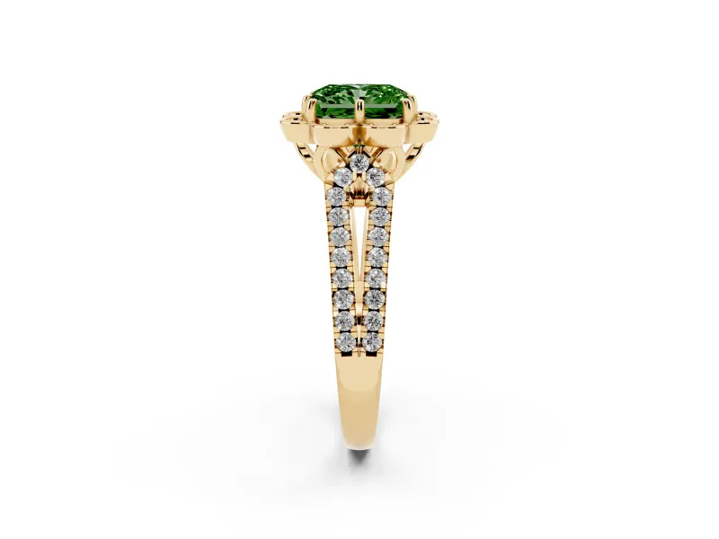 Radiant Cut Floral Halo Engagement Ring Setting for a Fancy Green Lab-Grown Diamond | Pavé Split Shank | Yellow Gold