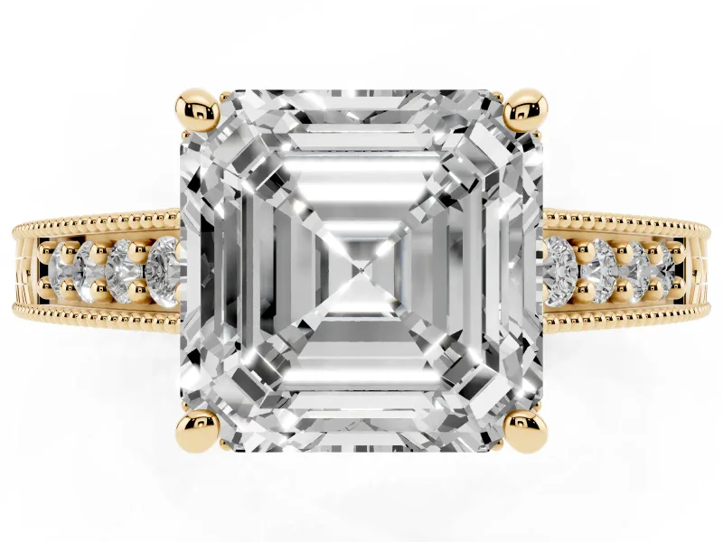 Asscher Cut Vintage Engraved Solitaire Engagement Ring Setting | Milgrain Pavé | Yellow Gold
