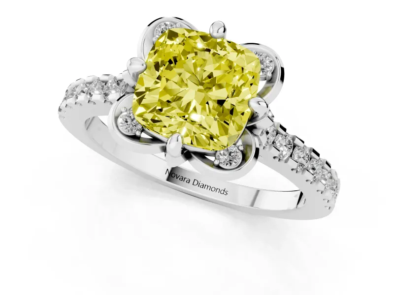 Cushion Cut Floral Petal Engagement Ring Setting for a Fancy Yellow Lab-Grown Diamond | Petal Accents | Sterling Silver