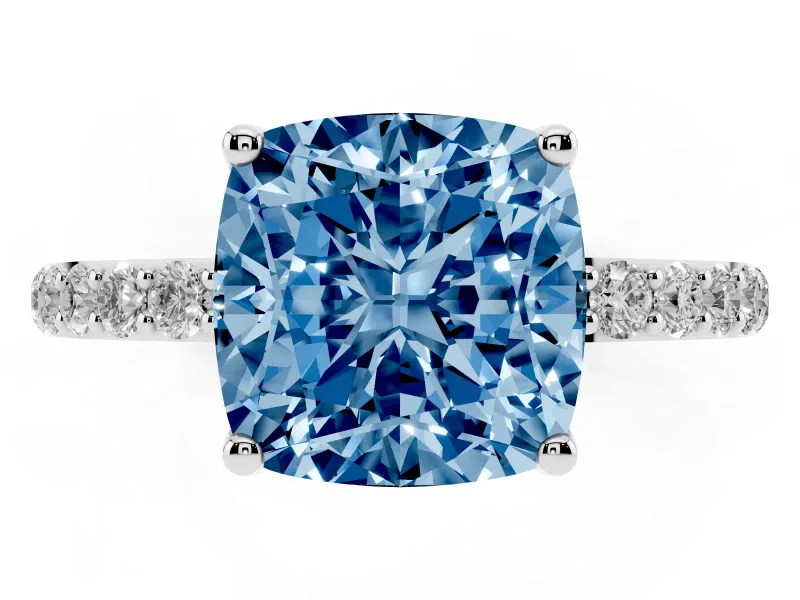 Cushion Cut Pave Solitaire Engagement Ring Setting for a Fancy Blue Lab-Grown Diamond | Slim Band | Sterling Silver