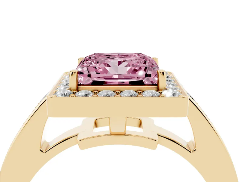 Fancy Pink Princess Cut Diamond Halo Pavé Engagement Ring Set in Yellow gold with Bezel Setting