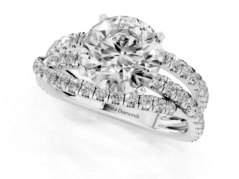 Round Cut Diamond Solitaire Twist Band Ring Set in White gold with Pavé Setting and Prong Head