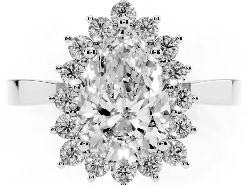 Pear Cut Diamond Halo Ring Set in White gold with Round Halo and Smooth Solitaire Band