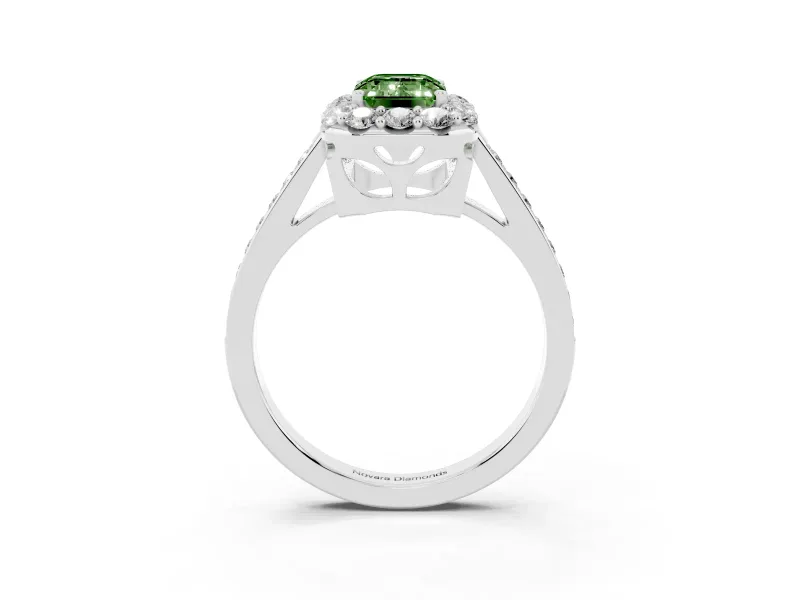 Fancy Green Emerald Cut Diamond Floral Halo Ring Set in Silver with Pavé Band and Prong Setting