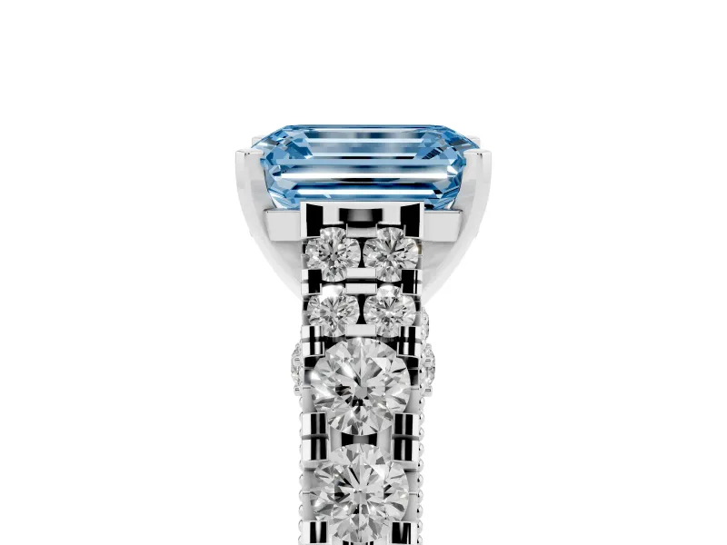 Fancy Blue Emerald Cut Diamond Classic Solitaire Ring Set in Platinum with Pavé Band and Prong Setting