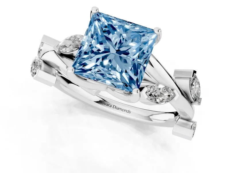 Princess Cut Twisted Vine Engagement Ring Setting for a Fancy Blue Lab-Grown Diamond | Marquise Leaves | Sterling Silver