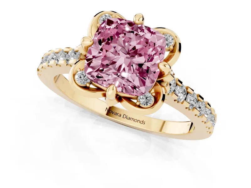 Cushion Cut Floral Petal Engagement Ring Setting for a Fancy Pink Lab-Grown Diamond | Petal Accents | Yellow Gold