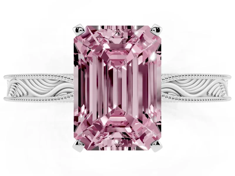 Fancy Pink Emerald Cut Diamond Solitaire Milgrain Engraved Band Set in White gold with Prong Setting
