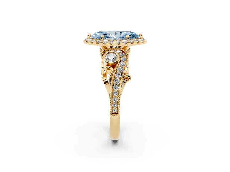 Fancy Blue Marquise Cut Diamond Halo Ring Set in Yellow gold with Milgrain Pavé Band and Prong Setting