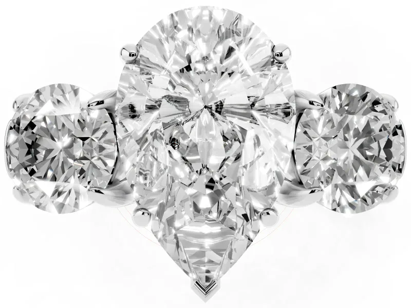 Pear Cut Diamond Three-Stone Ring Set in White gold with Round Accent Stones and Plain Band