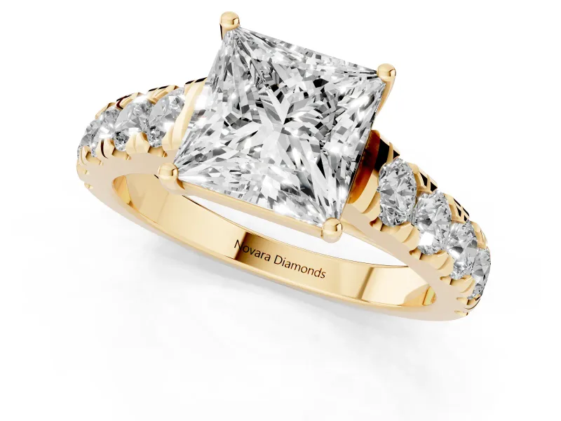 Princess Cut Cut-Down Side Stone Engagement Ring Setting | Scalloped Shoulders | Yellow Gold