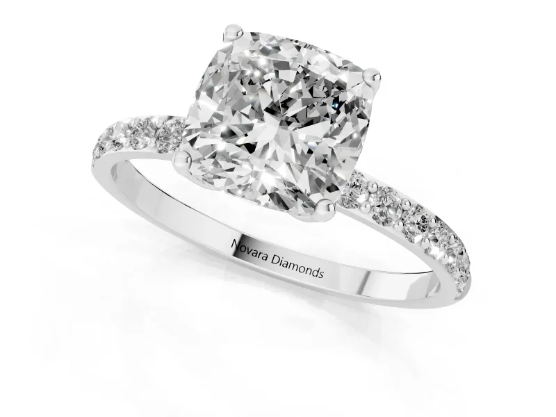 Cushion Cut Pave Solitaire Engagement Ring Setting | Fine Line Pave Band | White Gold