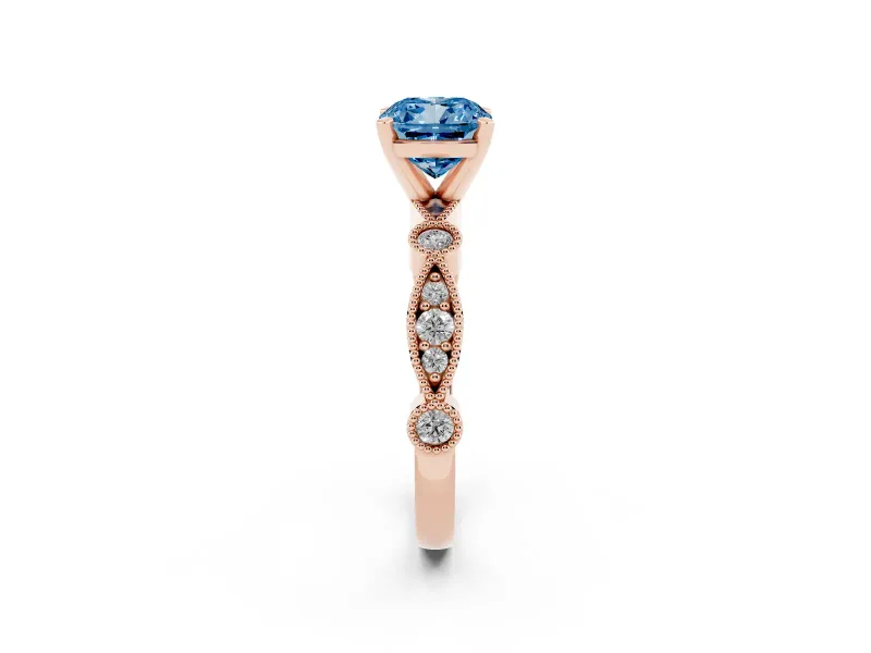 Fancy Blue Cushion Cut Diamond Solitaire Engagement Ring Set in Rose gold with Milgrain Bezel Accent Band