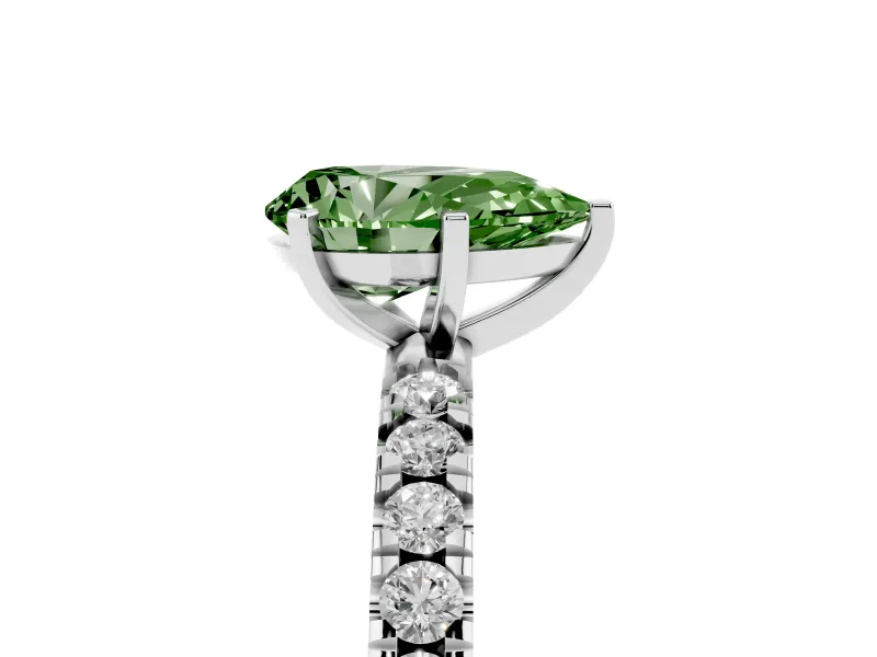 Fancy Green Pear Cut Diamond Pavé Band Solitaire Set in White gold with Prong Setting