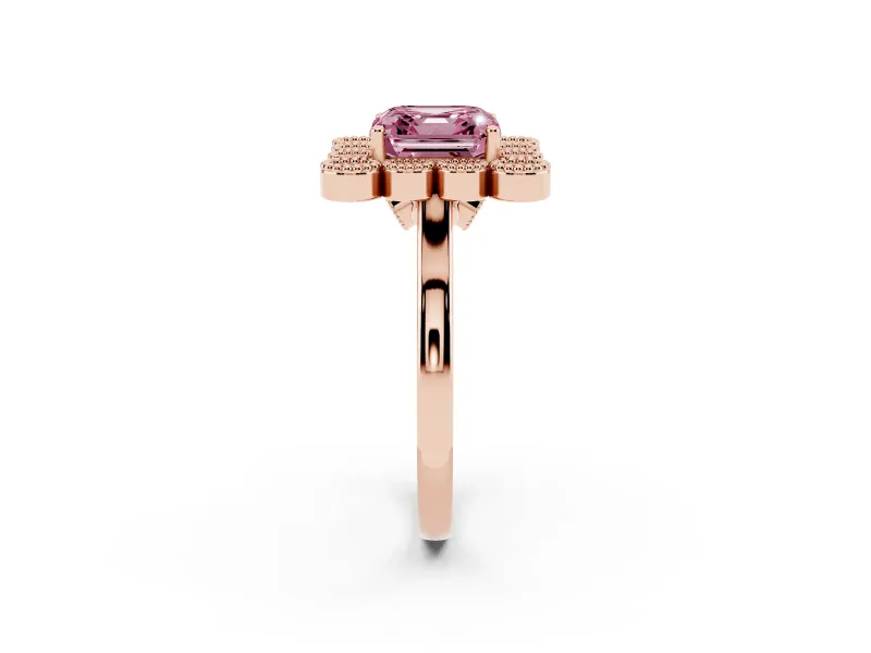 Asscher Cut Milgrain Cluster Halo Engagement Ring Setting for a Fancy Pink Lab-Grown Diamond | Plain Band | Rose Gold