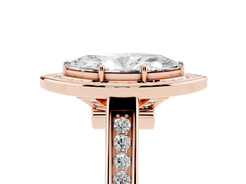 Marquise Cut Diamond Halo Solitaire Ring Set in Rose gold with Pavé Band and Bezel Setting