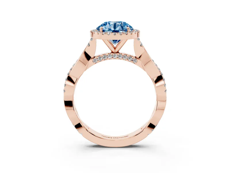 Round Halo Engagement Ring Setting for a Fancy Blue Lab-Grown Diamond | Pavé Twist Band | Rose Gold