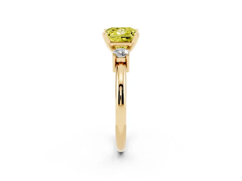 Fancy Yellow Three-Stone Princess Cut Diamond Ring Set in Yellow gold with Prong Setting and Plain Band