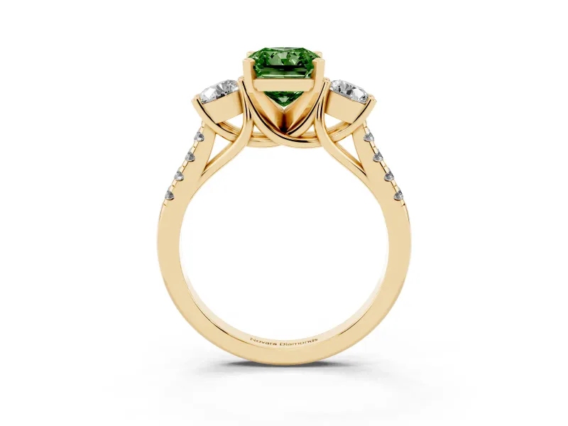 Fancy Green Three-Stone Radiant Cut Diamond Pavé Band Ring Set in Yellow gold with Prong-Set Trio