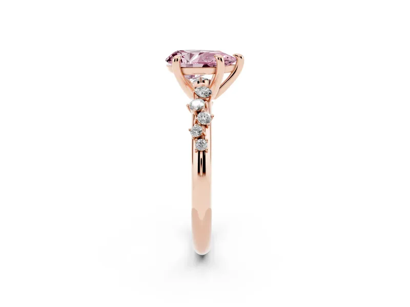 Fancy Pink Pear Cut Diamond Solitaire Vine Band Ring Set in Rose gold with Round Accents and Prong Setting